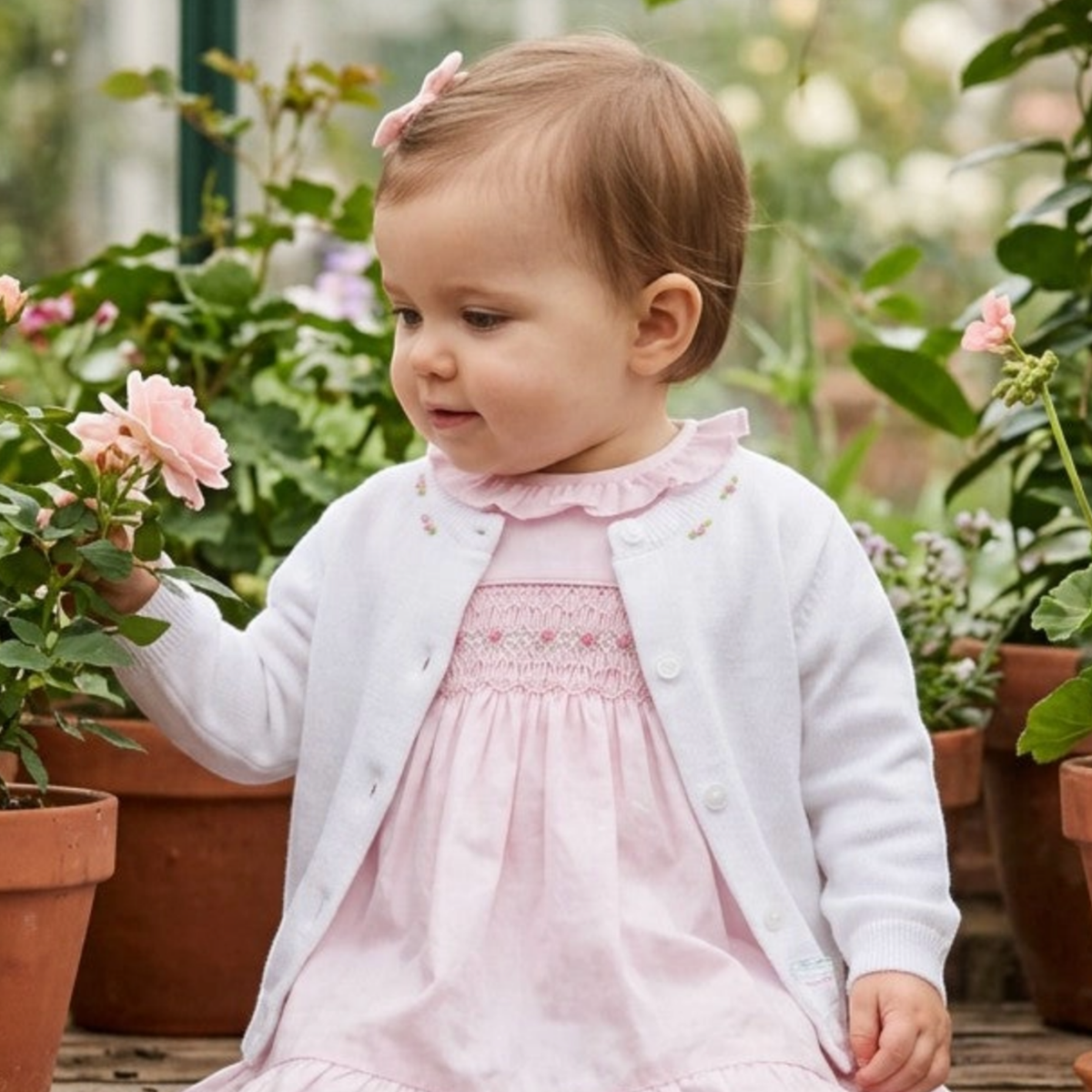 Smocked Rose Buds Cotton Cashmere Baby Girl Cardigan