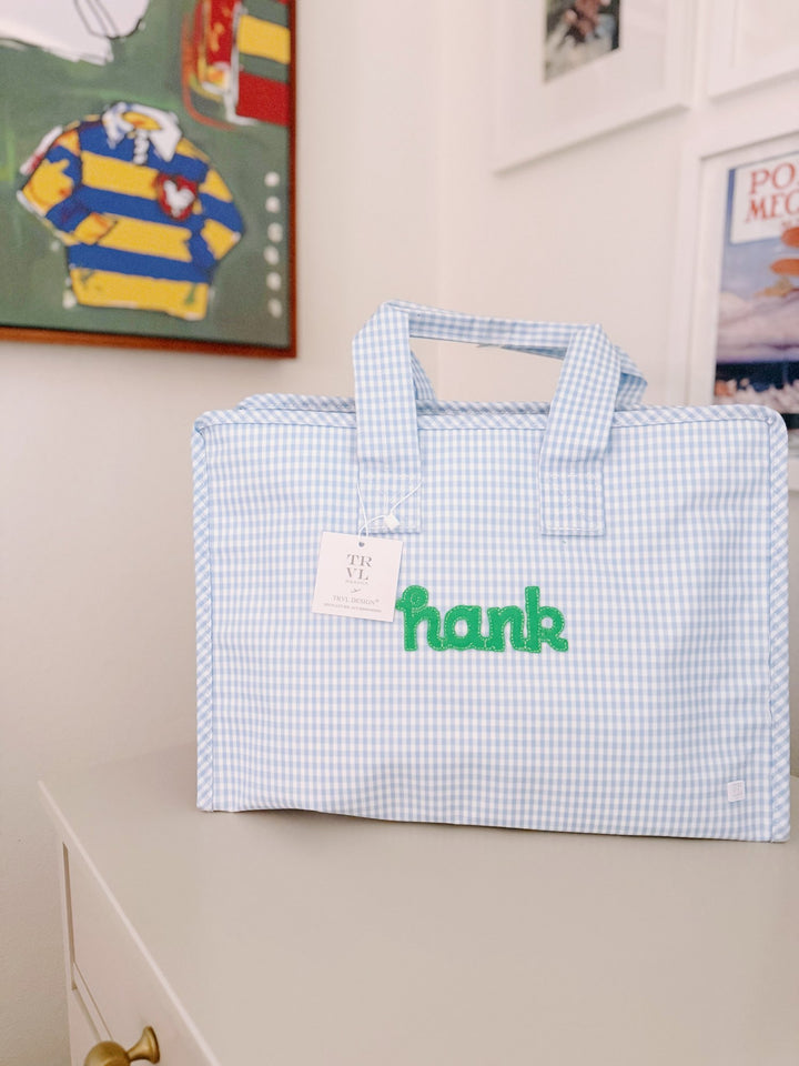 TRVL Overnite Tote in Script Applique, Gingham Mist