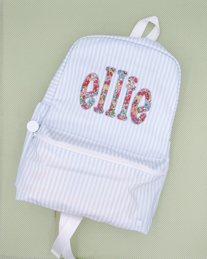 TRVL Backpacker in Chachie Applique, Pimlico Stripe Blue
