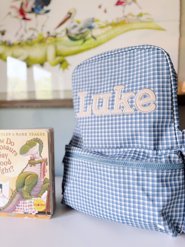 TRVL Backpacker in Walter Applique, Gingham Navy