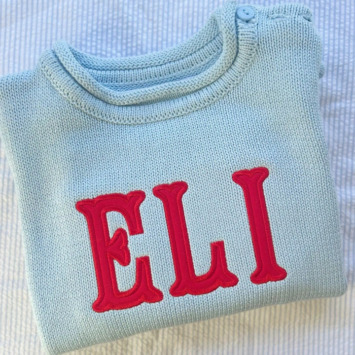 Button Rollneck Sweater in Fishtail Applique, Light Blue