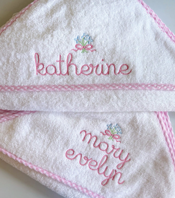 Hooded Towel with Gingham Trim in Kid Cursive, Pink Gingham Trim