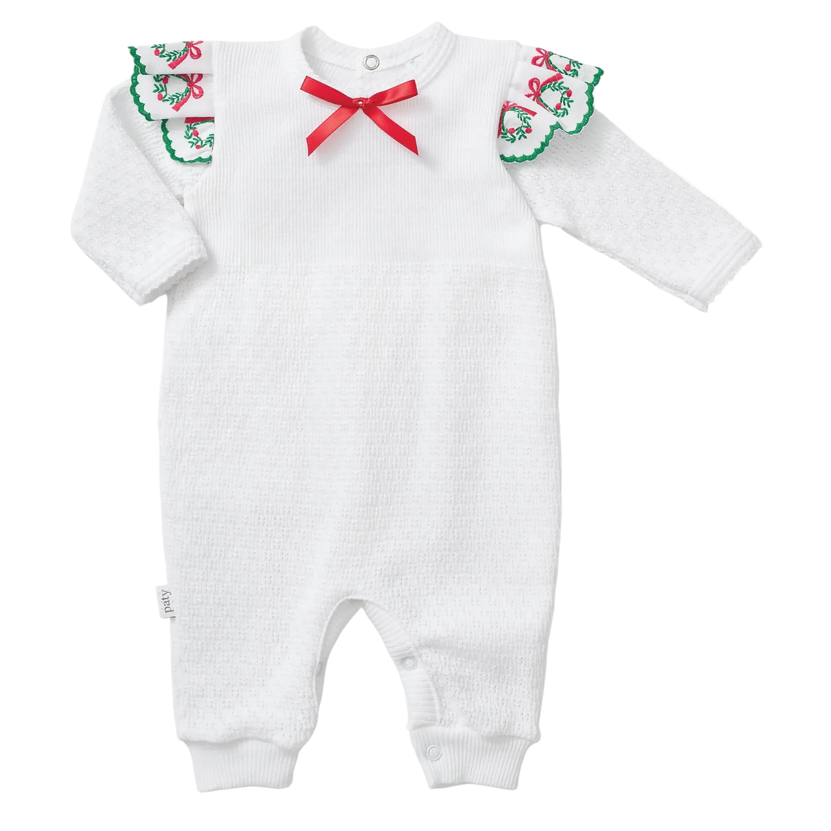 PatyKnit™ Angel Sleeve Romper with Swiss Wreath Trim