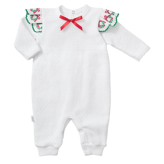 PatyKnit™ Angel Sleeve Romper with Swiss Wreath Trim