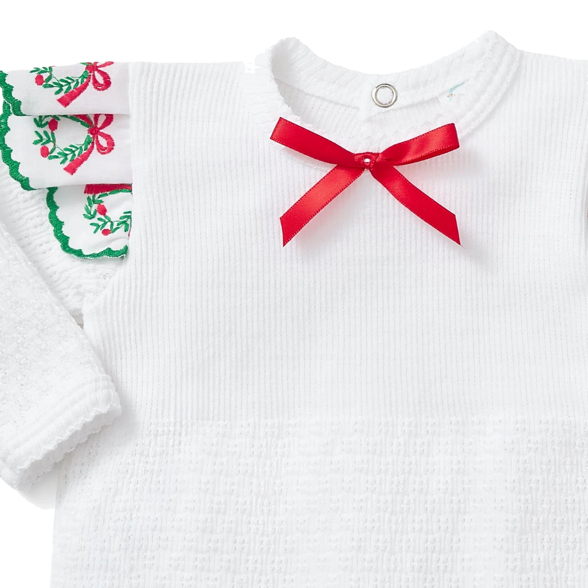 PatyKnit™ Angel Sleeve Romper with Swiss Wreath Trim