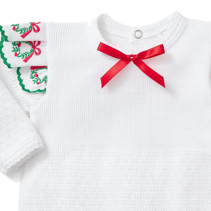 PatyKnit™ Angel Sleeve Romper with Swiss Wreath Trim