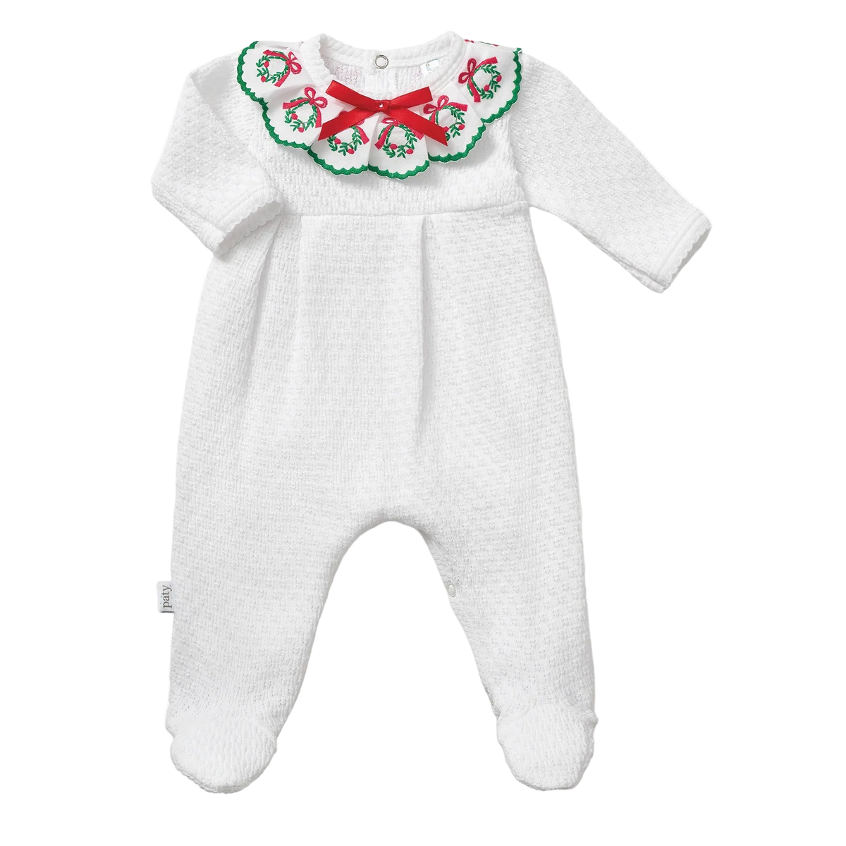 PatyKnit™ Christmas Footie with Wreath Trim