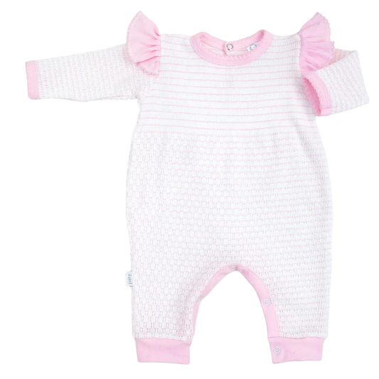 PatyKnit™ Long Sleeve Pinstripe Romper with Ruffle Shoulder Trim