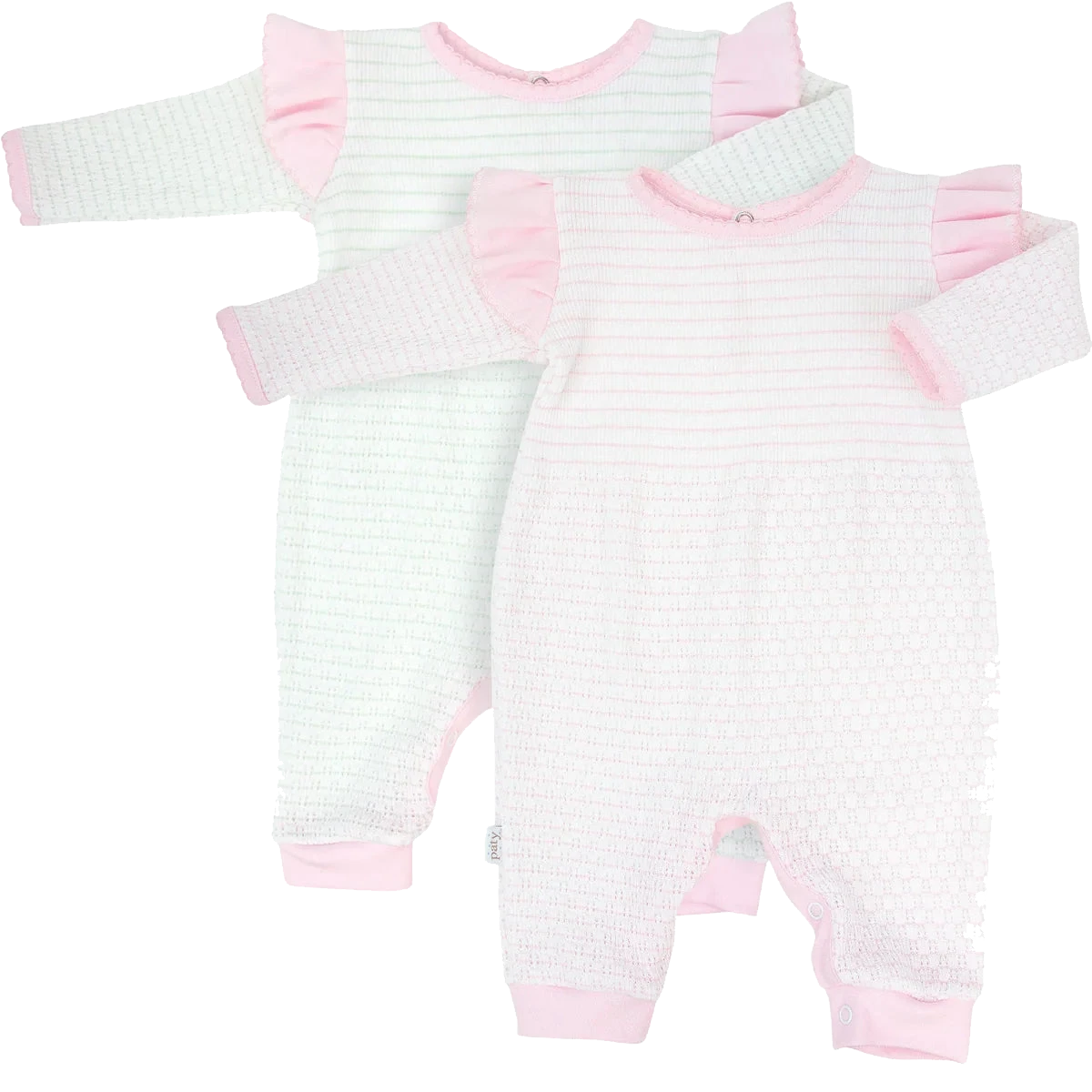 PatyKnit™ Long Sleeve Pinstripe Romper with Ruffle Shoulder Trim