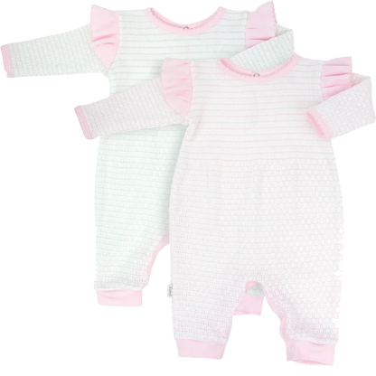 PatyKnit™ Long Sleeve Pinstripe Romper with Ruffle Shoulder Trim