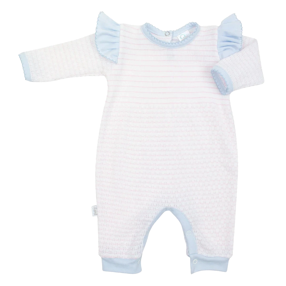 PatyKnit™ Long Sleeve Pinstripe Romper with Ruffle Shoulder Trim