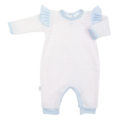 PatyKnit™ Long Sleeve Pinstripe Romper with Ruffle Shoulder Trim
