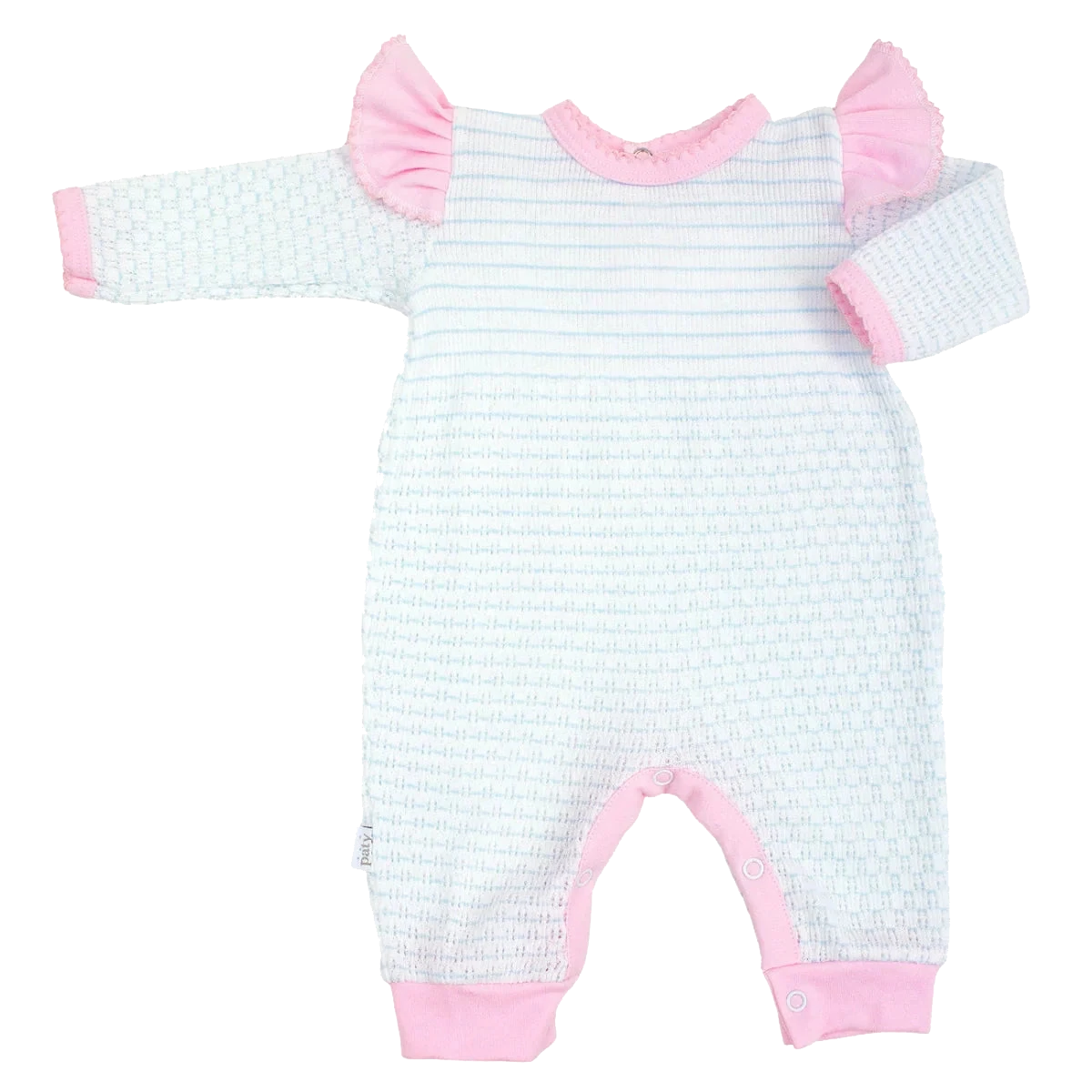PatyKnit™ Long Sleeve Pinstripe Romper with Ruffle Shoulder Trim