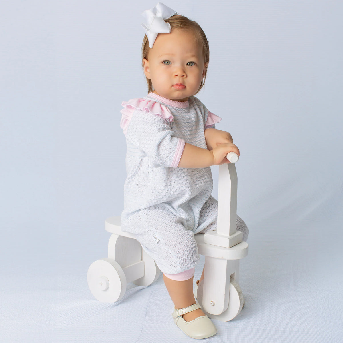 PatyKnit™ Long Sleeve Pinstripe Romper with Ruffle Shoulder Trim