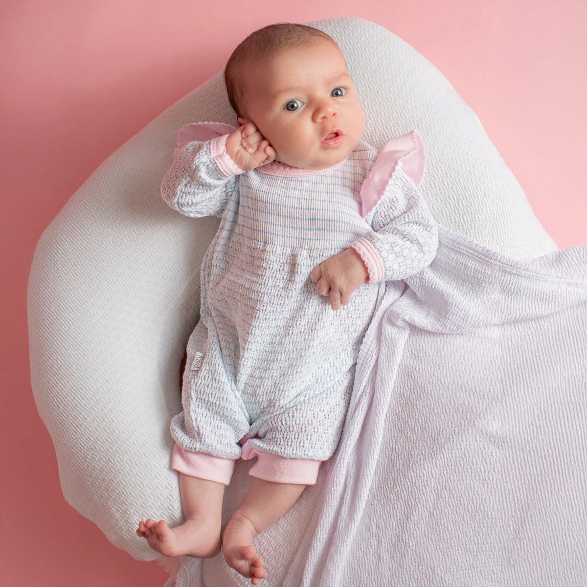 PatyKnit™ Long Sleeve Pinstripe Romper with Ruffle Shoulder Trim