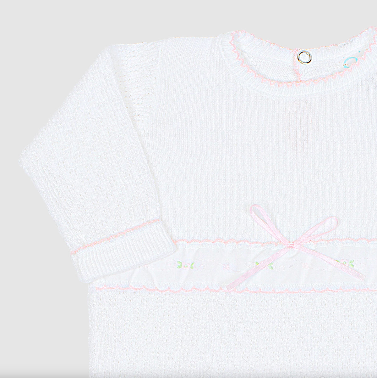 PatyKnit™ Romper with Swiss Floral Trim